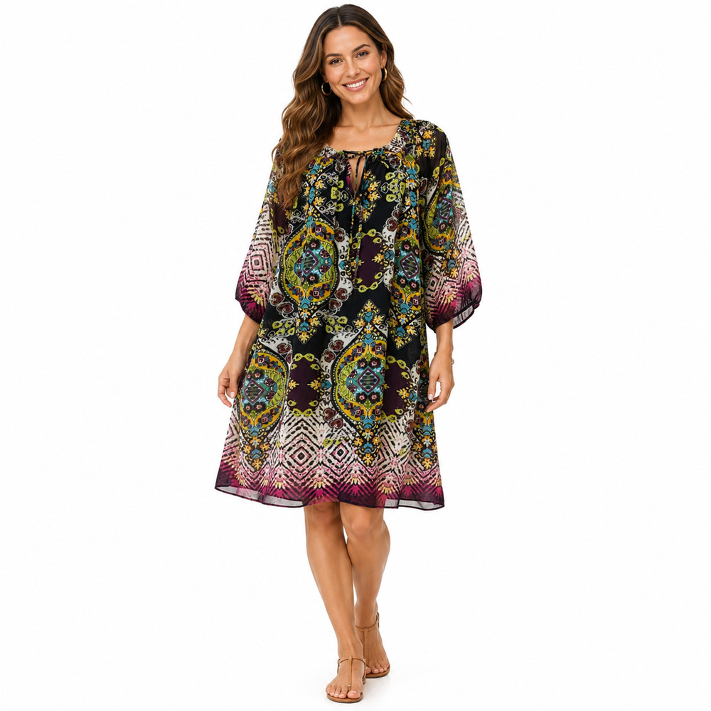 Enfocus En Focus Print Sheer Sleeve Shift Dress Chiffon Lined Tie Front Dress 14